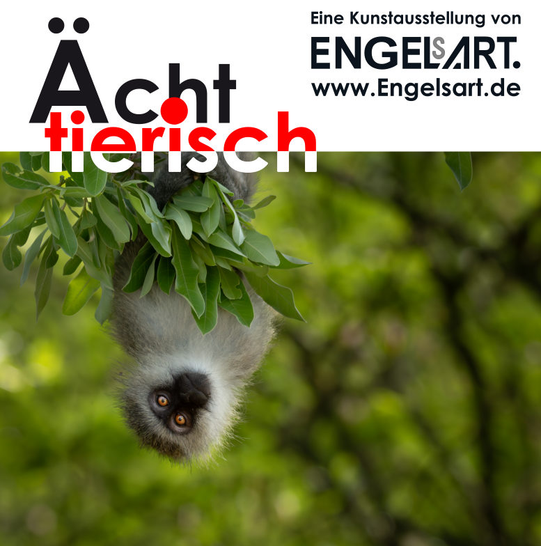 Ächt tierisch - Kunstausstellung als Text, mit Engelsart-Logo und einem kopfüber im Baum hängenden Affen.